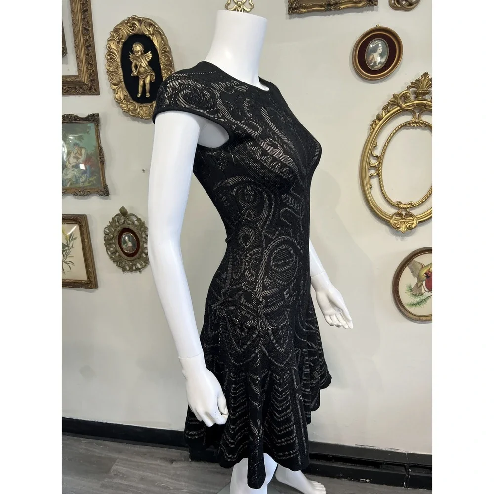 RVN Black Intricate Jacquard Knit Cap Sleeve Fit and Flare Mini Dress Size Small